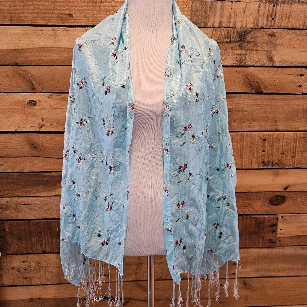 Aqua Blue Scarf/Wrap/Shawl w/ Embroidered Pink Flowers & Green Leaves 62" Long - Picture 7 of 13